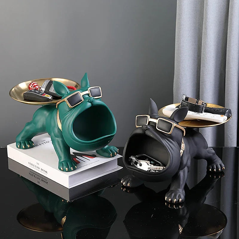 Bulldog Figurine with Storage Box – Resin Dog Home Decor Sculpture Two dog-shaped key holders with trays on a reflective surface.