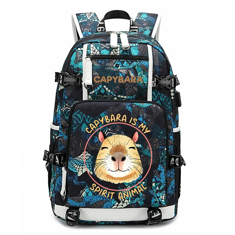 Capybara Backpack – Large Capacity Lightweight School Bag A backpack with a black and teal patterned design, featuring a large cartoon capybara face on the front pocket with the text 'CAPYBARA IS MY SPIRIT ANIMAL'. The brand name 'CAPYBARA' is printed on the upper front pocket.