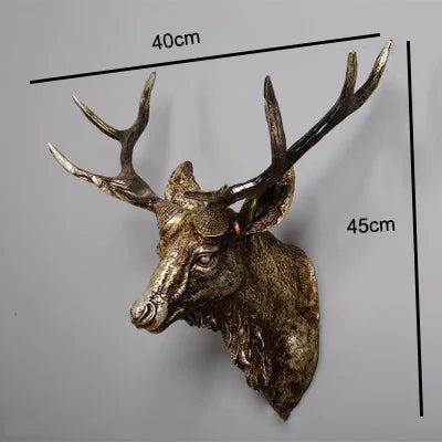 Faux Deer Head Wall Decor – 17” Rustic Farmhouse Mount Bronze deer head sculpture with measurements on a gray background