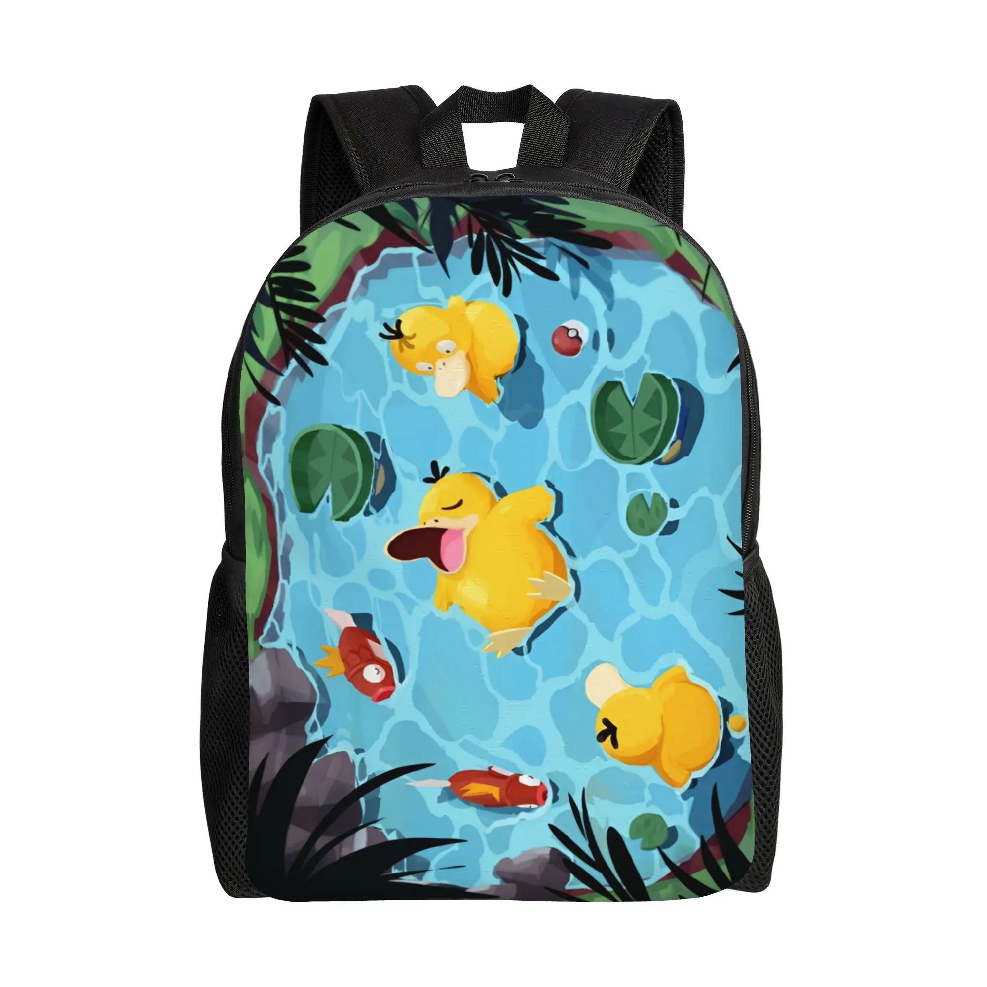Pokemon Psyduck Laptop Backpack – School Bag A black backpack featuring a colorful printed design of a blue pond with yellow ducks, green lily pads, and red and orange fish, shown against a plain white background.