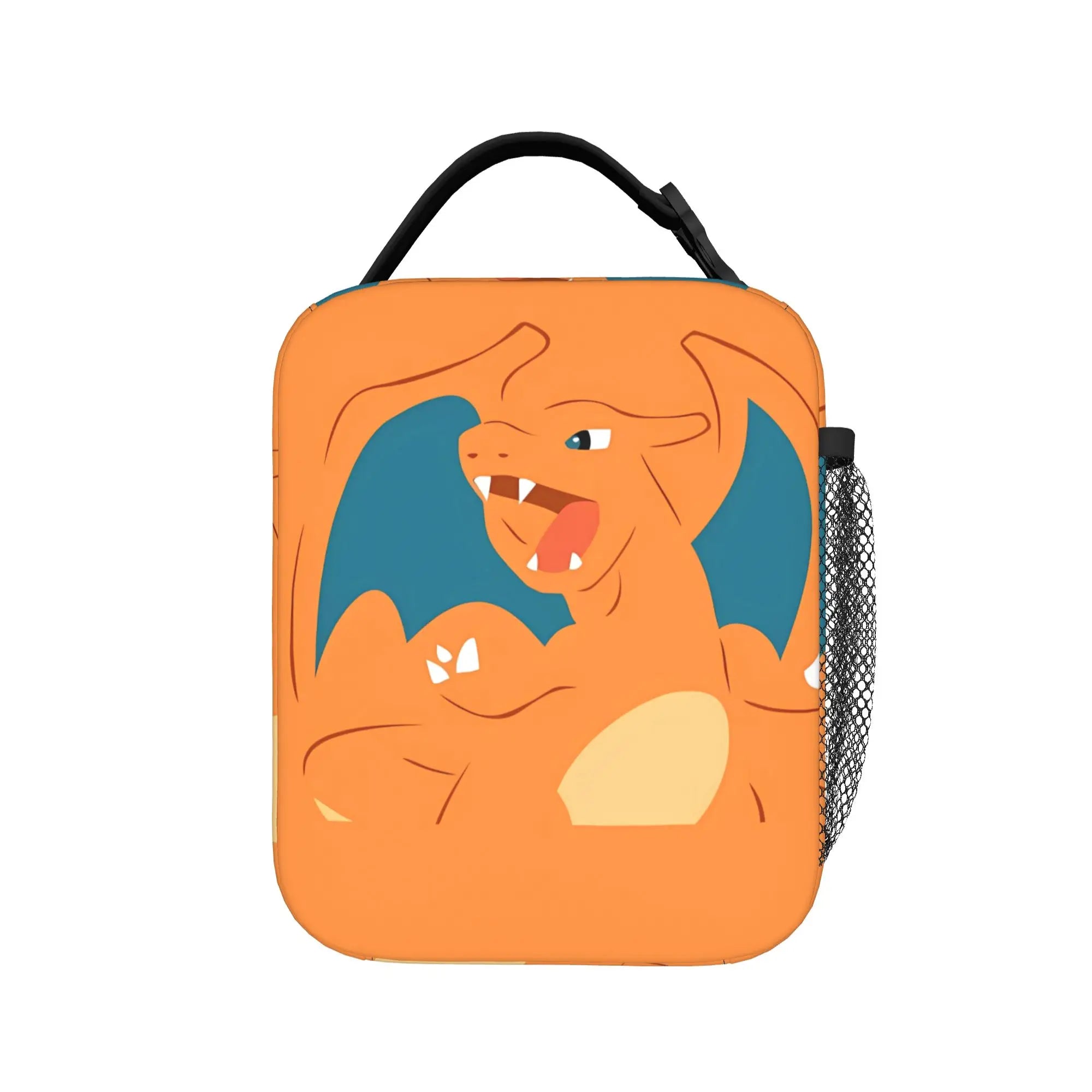 Pokemon Charizard Fire Burst Lunch Bag – Waterproof Insulated Tote An orange neoprene lunch bag featuring a cartoon illustration of Charizard, with a black top handle and a side mesh pocket, shown on a plain white background.