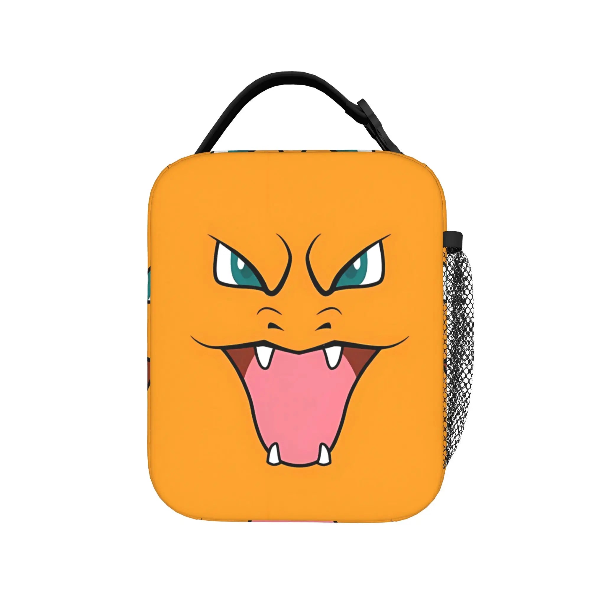 Pokemon Charizard Fire Burst Lunch Bag – Waterproof Insulated Tote An orange neoprene lunch bag featuring a cartoon face design resembling Charizard, with a black top handle and a black mesh side pocket, shown on a plain white background.