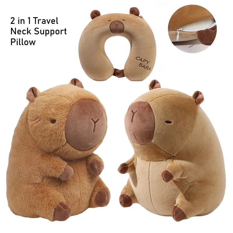 Capybara U-Shaped Plush Neck Pillow – Cute Travel Pillow Plush animal-shaped neck pillow with 'Capybara' branding on a white background