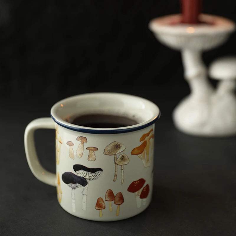 Mushroom Ceramic Coffee Cup – Japanese Cartoon Style Mug with mushroom design containing a dark liquid on a black background