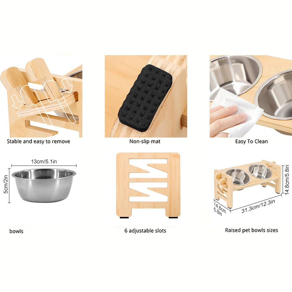 Elevated Adjustable Pet Feeder with 2 Stainless Steel Bowls Pet feeding station with wooden stand, metal bowls, and cleaning brush on a white background