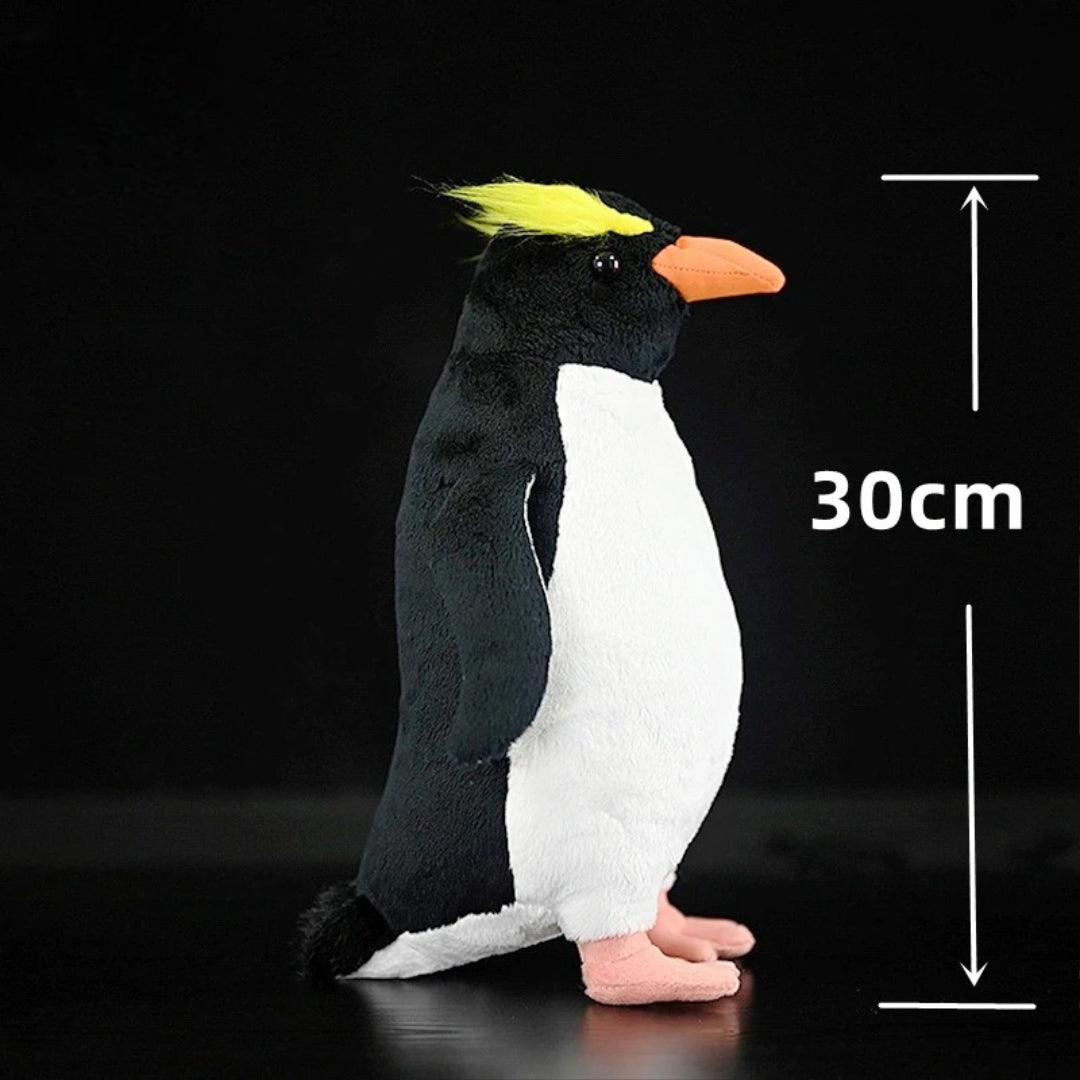 Realistic Penguin Plush Toy - Adélie Penguin Stuffed Animal Plush penguin toy with measurements on a black background