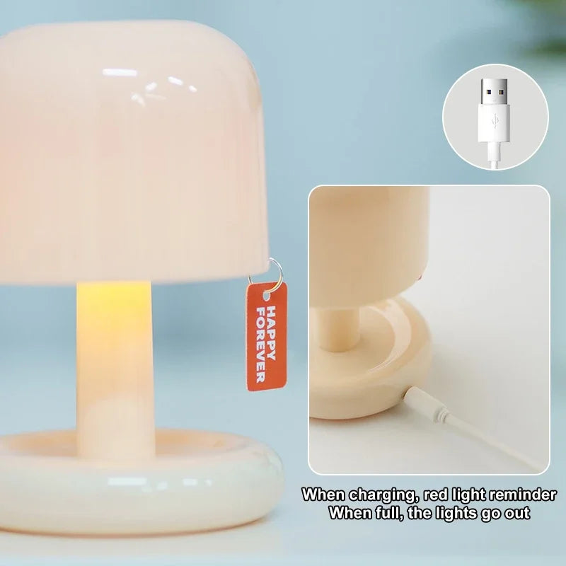 Orange Mushroom LED Night Light – Nordic Minimalist Table Lamp Beige lamp and charging cable inset on a light blue background