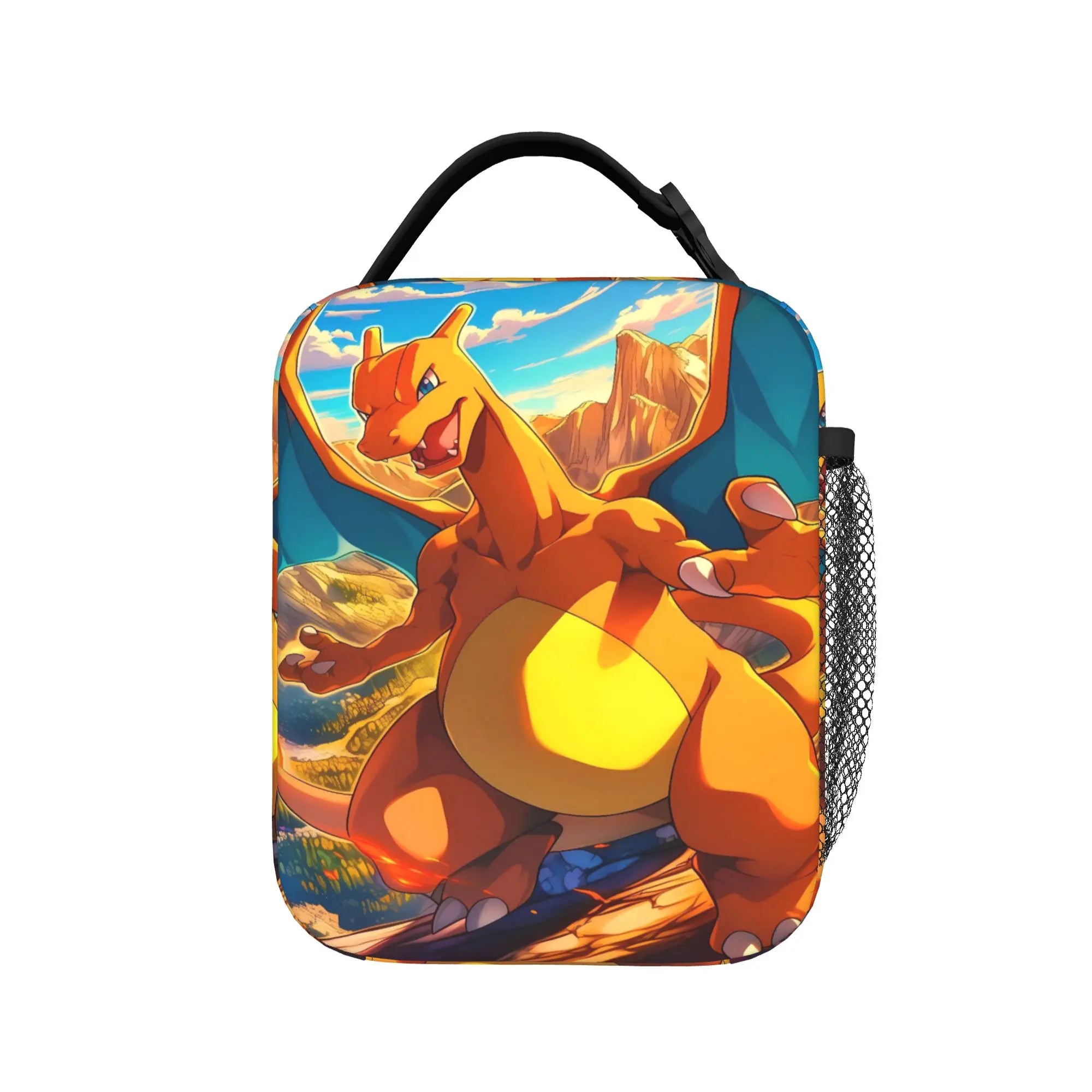 Pokemon Charizard Fire Burst Lunch Bag – Waterproof Insulated Tote A square lunch bag featuring a colorful printed illustration of Charizard from Pokémon. The bag has a black top handle, a black mesh side pocket, and rounded corners, shown against a plain white background.
