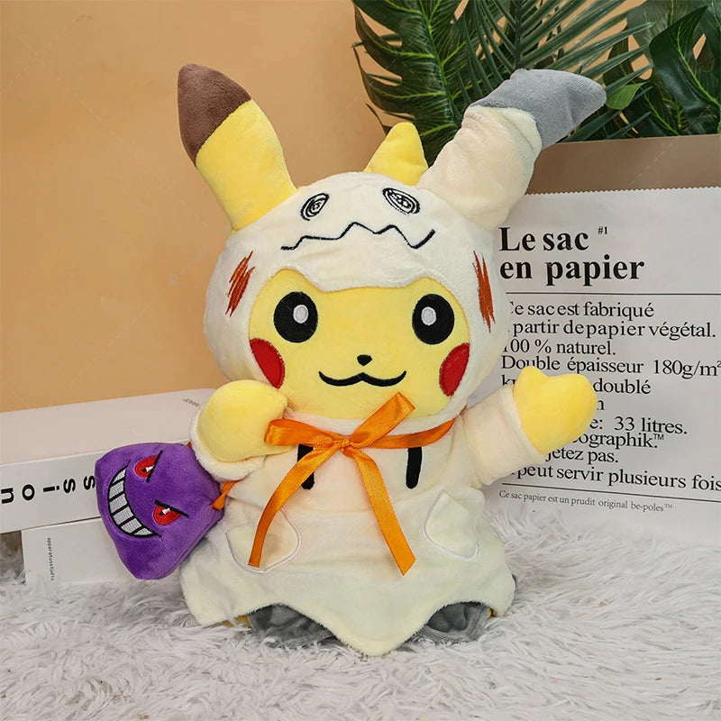 Pokemon Mimikyu Plush – Shiny Stuffed Toy Plush toy resembling Pikachu from 'Pokémon' in a ghost costume on a newspaper background