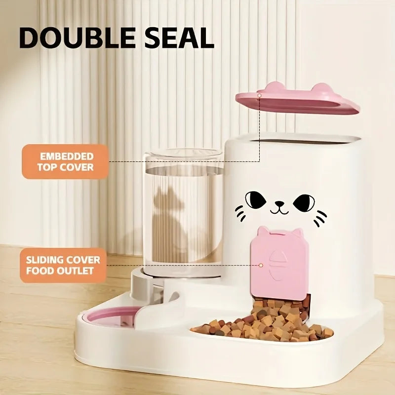 Automatic Pet Feeder with Water Dispenser Large Capacity Pet food dispenser with cartoon cat design on a wooden surface