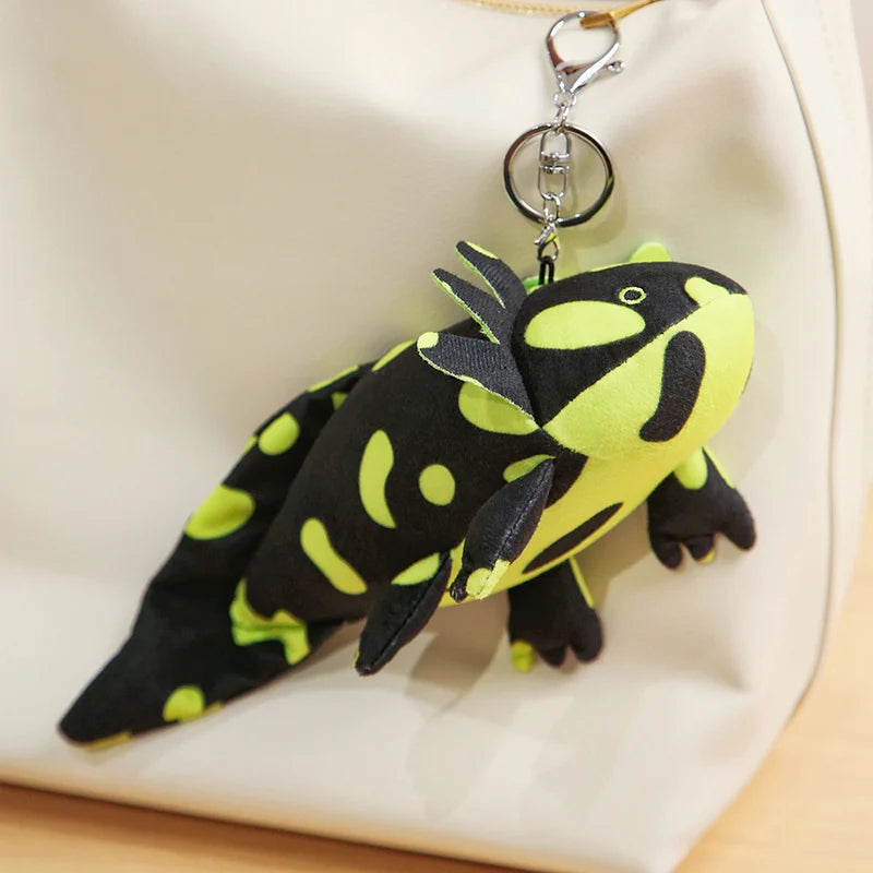 Cute Axolotl Plush Toy – Squishmallow Salamander Stuffed Animal Plush lizard keychain with black and green pattern on a beige background