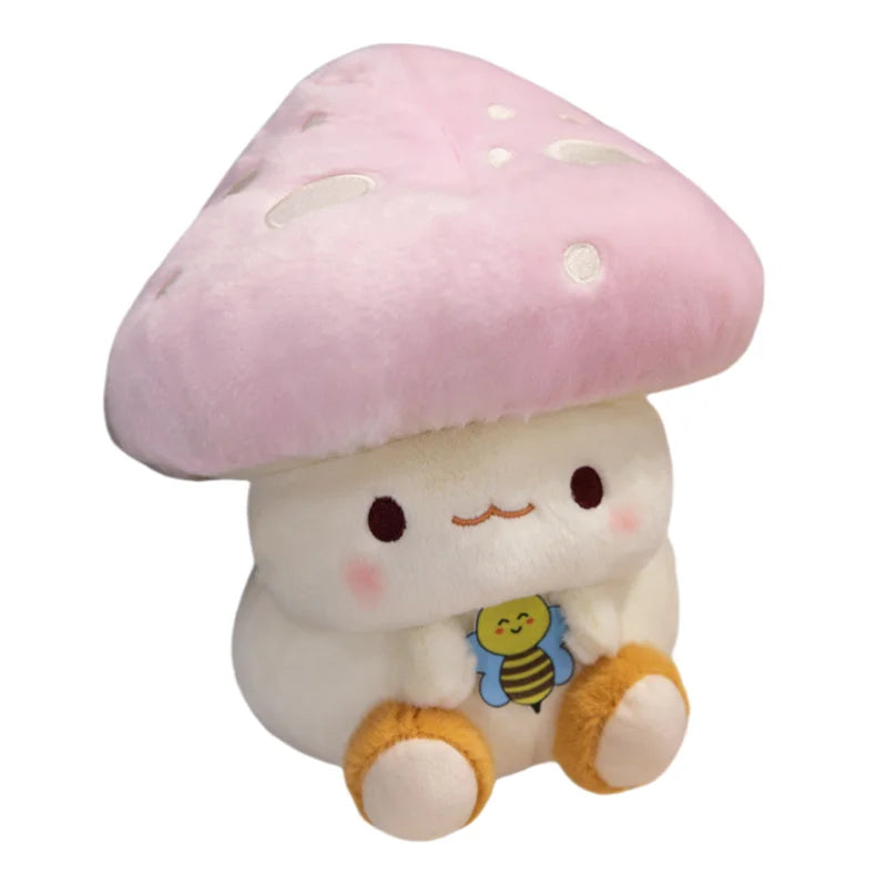 Creative Mushroom Plush Pillow – Cute Stuffed Plant Cushion for Home Décor Cute plush toy with a pink mushroom cap and a small character on a white background