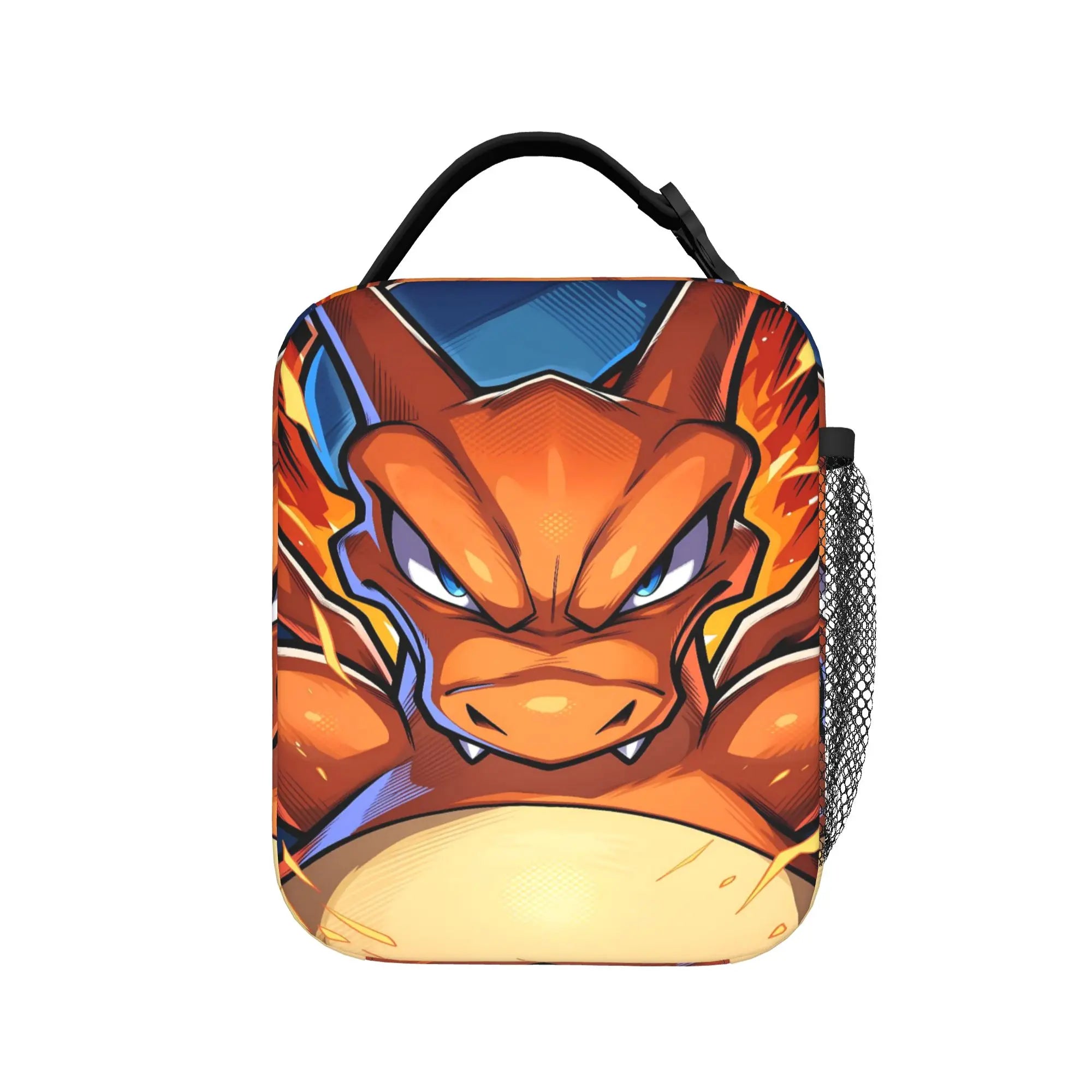 Pokemon Charizard Fire Burst Lunch Bag – Waterproof Insulated Tote A rectangular lunch bag featuring a detailed graphic print of Charizard from Pokémon, with a black top handle and a side mesh pocket, shown against a plain white background.