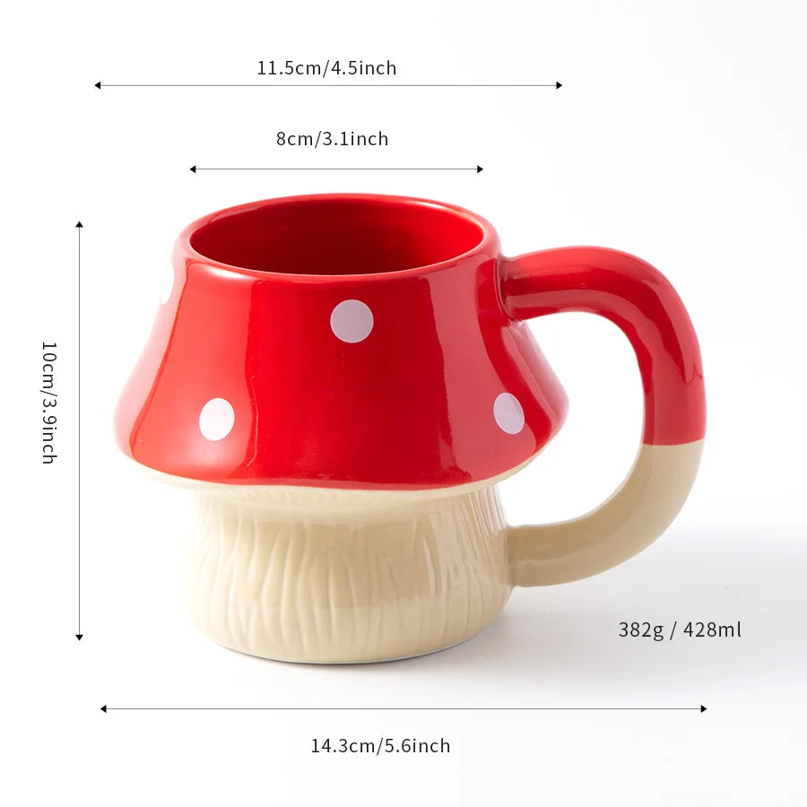 Premium Mushroom Coffee Cup – Large Ceramic Mug Red mushroom-shaped mug with white polka dots and measurements on a white background