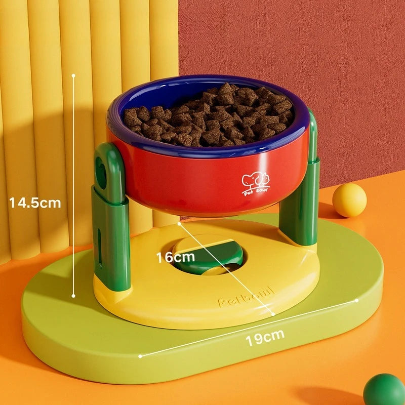 Adjustable Pet Bowl with Suction Cup Anti-Slip Colorful pet toy with a bowl of treats on an orange surface, featuring measurements.