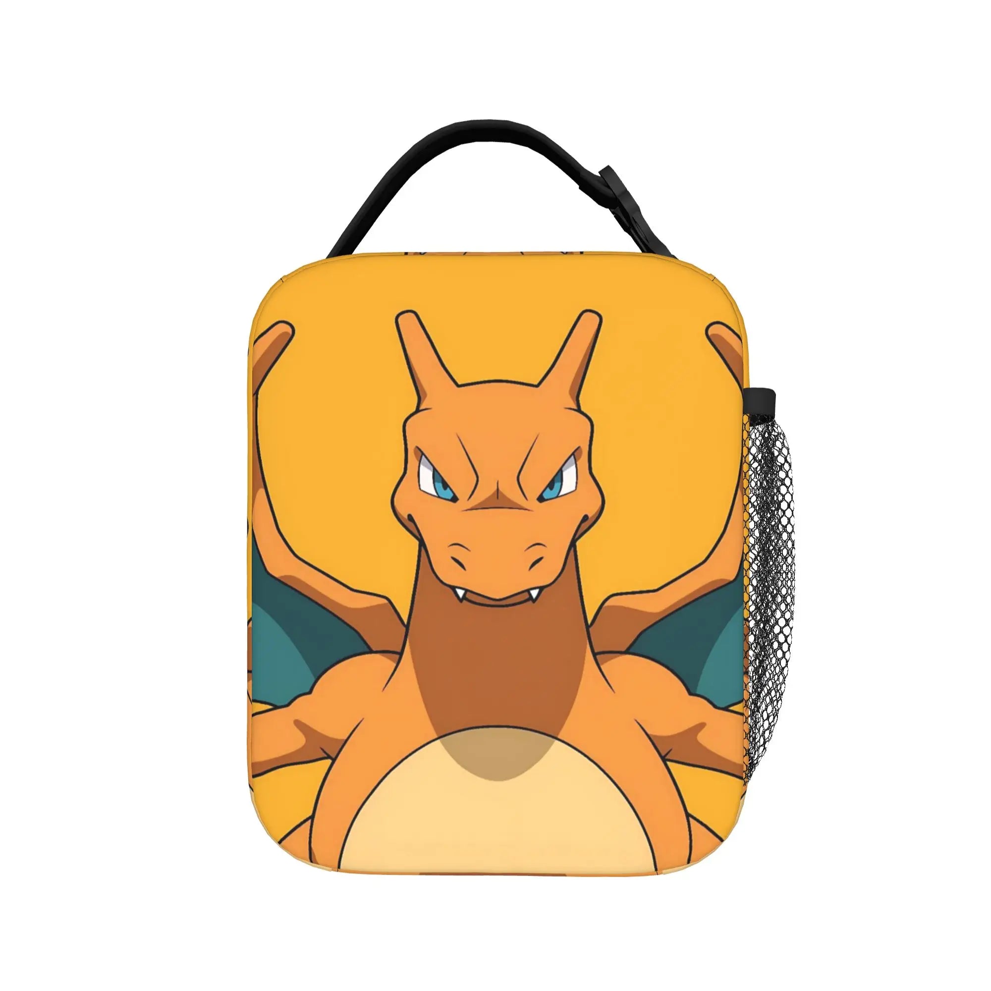 Pokemon Charizard Fire Burst Lunch Bag – Waterproof Insulated Tote A square lunch bag featuring a printed design of Charizard from Pokémon on a yellow-orange background, with a black top handle and a black mesh side pocket, shown on a plain white background.