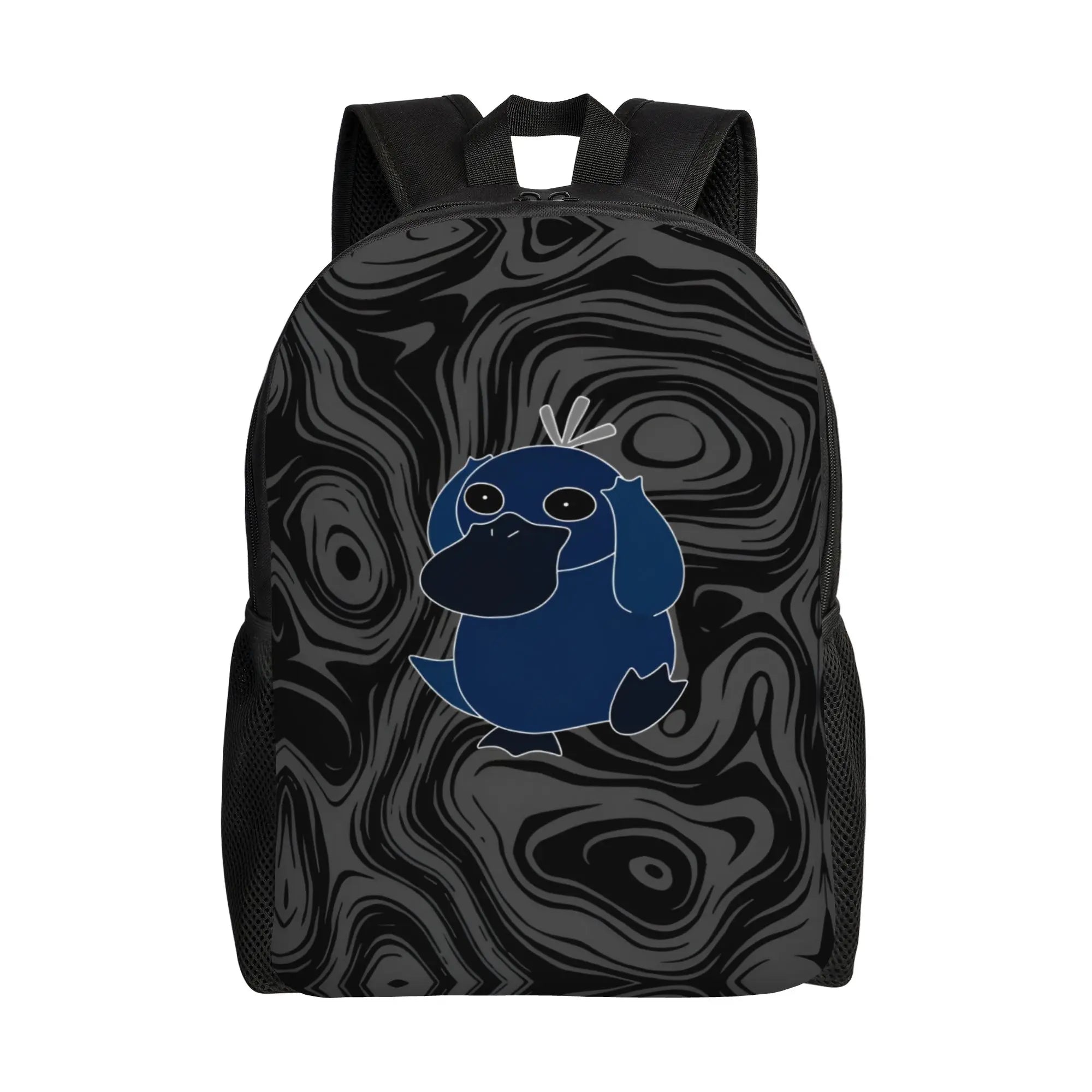Pokemon Psyduck Laptop Backpack – School Bag A black backpack featuring a dark gray swirling wood-grain pattern and a blue cartoon duck character printed on the front, shown against a plain white background.