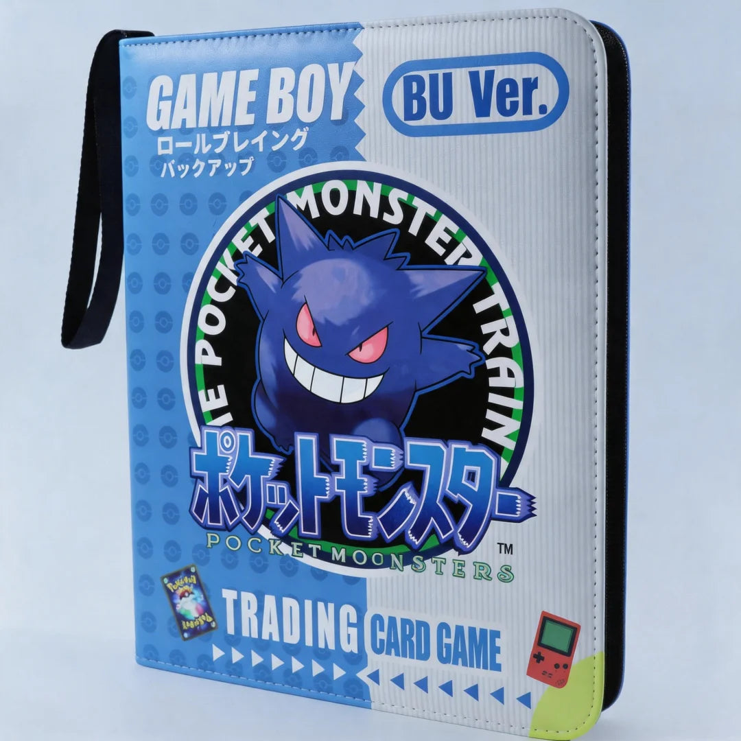 Pokemon Card Album – Gengar, Charizard & Eevee Trading Card Binder A Gengar-themed trading card game portfolio case designed for Game Boy, featuring a blue and white design with Gengar artwork and Japanese text.
