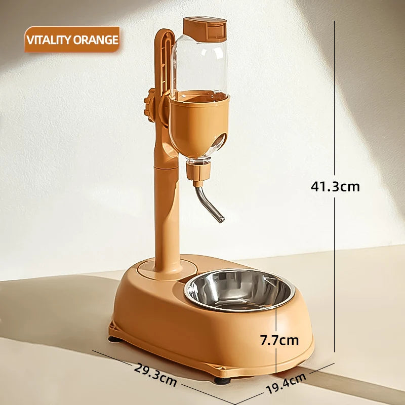 Automatic Pet Water Dispenser & Food Feeder Anti-Tip Orange pet water fountain with measurements on a light background