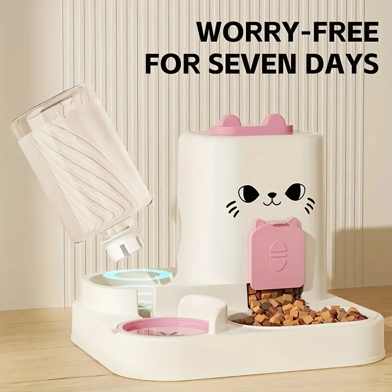 Automatic Pet Feeder with Water Dispenser Large Capacity Pet feeder with cartoon face design on a wooden surface, text 'Worry-Free for Seven Days' above.