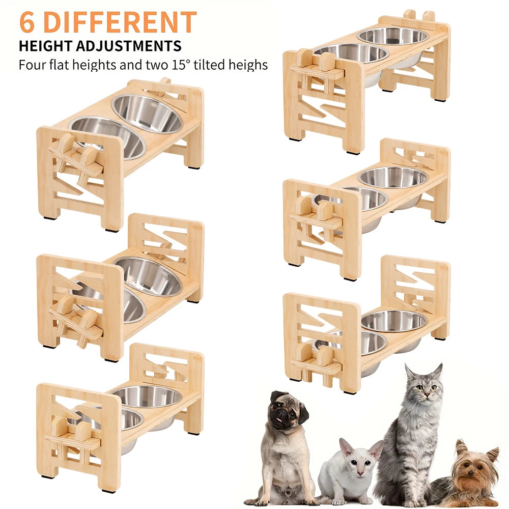 Elevated Adjustable Pet Feeder with 2 Stainless Steel Bowls Set of six adjustable pet feeding stations with wooden frames and metal bowls, featuring text about height adjustments.