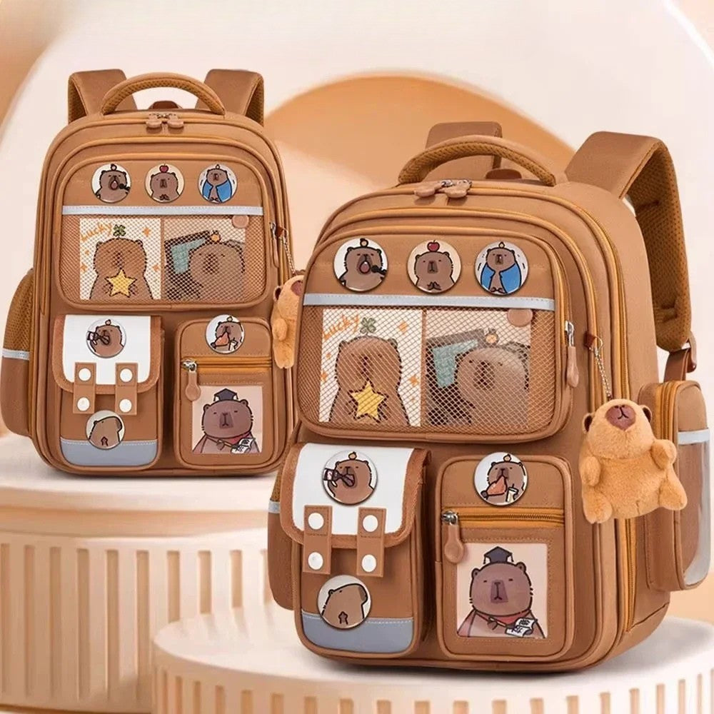 Capybara School Backpack – Large Waterproof Bag with Ergonomic Design Brown backpack with teddy bear designs on a beige background