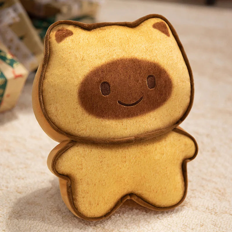 Capybara Bread Pillow – Cute Toast Plush Cushion Plush toy shaped like a cartoon character with a smiling face on a textured surface