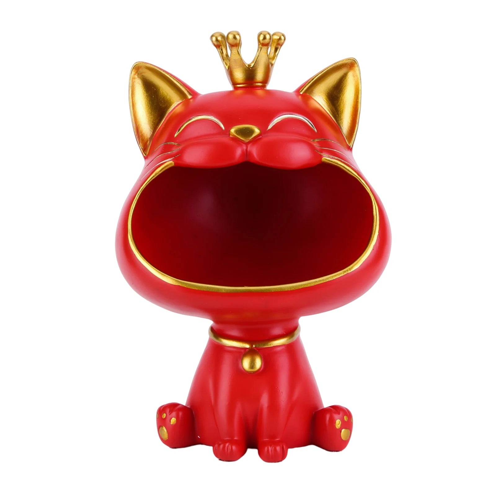 Lucky Cat Figurine with Storage Box – Resin Laughing Cat Home Decor Red cat-shaped figurine with a gold crown on a white background