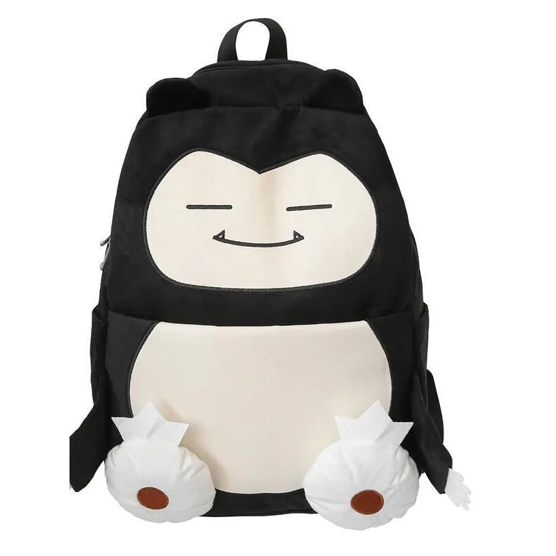 Snorlax Pokemon Backpack Large Capacity Casual Bag A black and off-white plush backpack designed to look like the Pokémon character Snivy, featuring embroidered eyes and mouth details and two small white flower-like feet at the bottom.