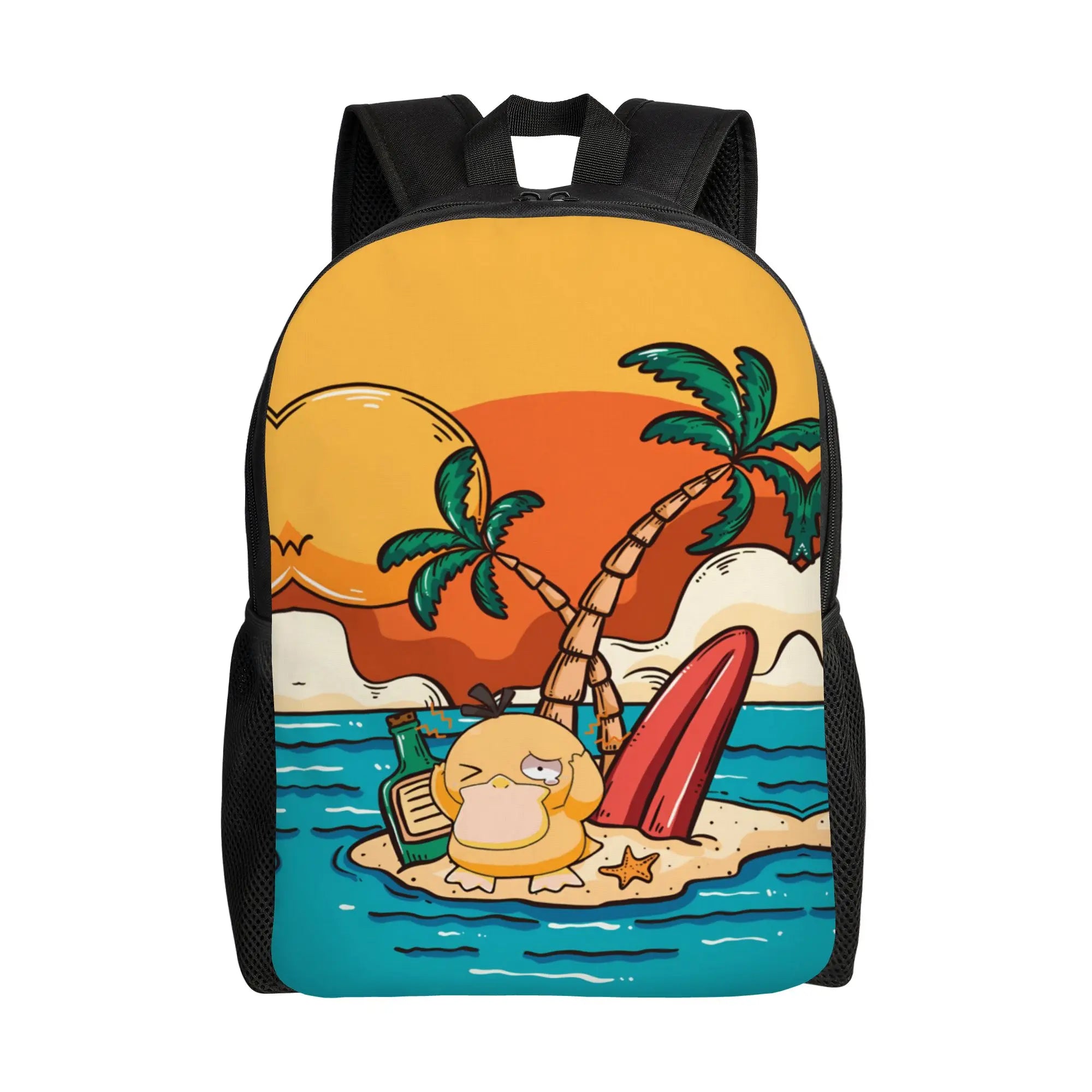 Pokemon Psyduck Laptop Backpack – School Bag A black backpack featuring a colorful cartoon beach scene printed on the front, with palm trees, a yellow sun, blue water, and a yellow character sitting on a red surfboard on a sandbar.