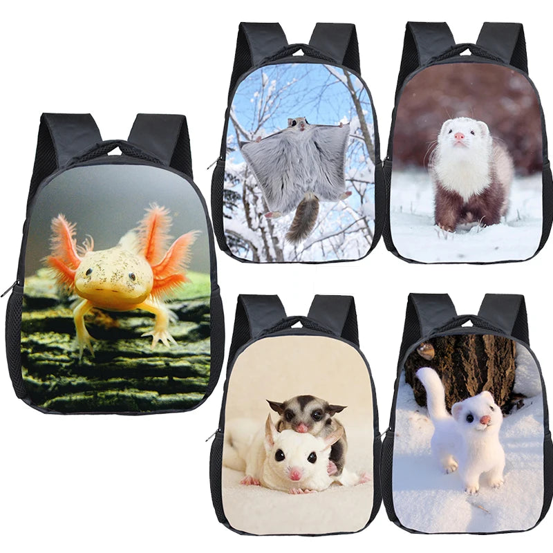 Axolotl Sea Otter Kids Backpack - Kids Toddler School Bag Collection of backpacks with animal prints on a white background
