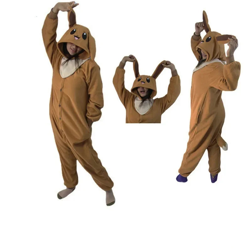 Pokemon Kigurumi Onesie – Snorlax, Gengar Anime Costumes Person wearing a brown onesie with bunny ears and paws, posing on a white background.