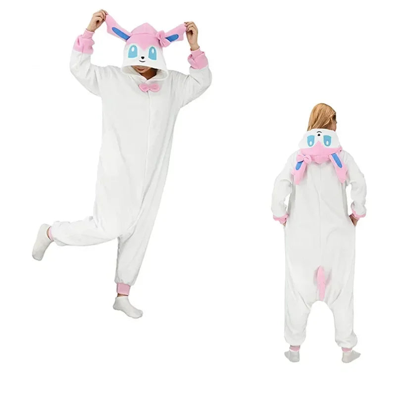 Pokemon Kigurumi Onesie – Snorlax, Gengar Anime Costumes Person wearing a white onesie with pink and blue accents, resembling a cartoon character, on a white background.