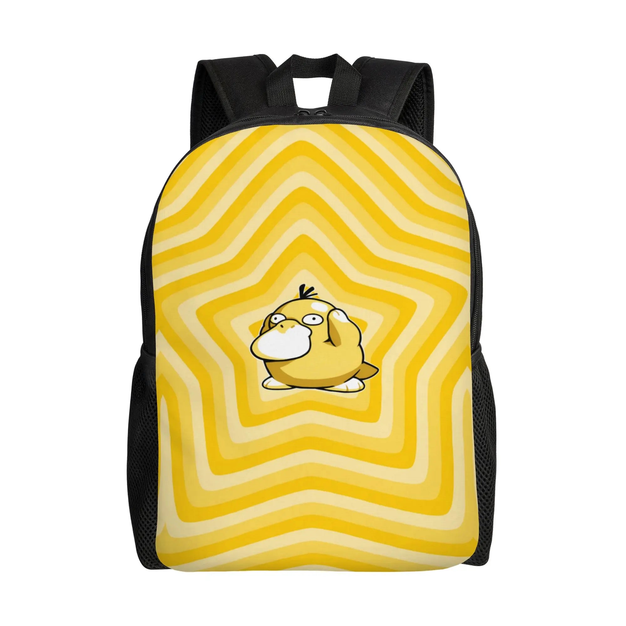 Pokemon Psyduck Laptop Backpack – School Bag A yellow and cream wavy-patterned backpack with a cartoon character printed in the center, featuring black side pockets and top handles, shown on a plain white background.