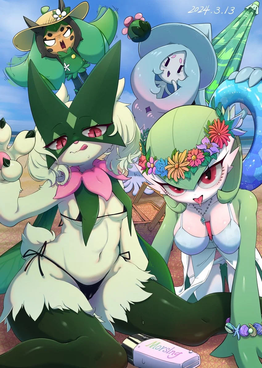 Pokemon Meowscarada Plush Pillow Stuffed Toy Two animated characters with green hair and outfits, one holding a phone, in a colorful setting.