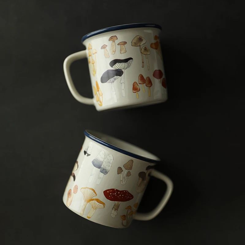 Mushroom Ceramic Coffee Cup – Japanese Cartoon Style Two ceramic mugs with mushroom design on a black background