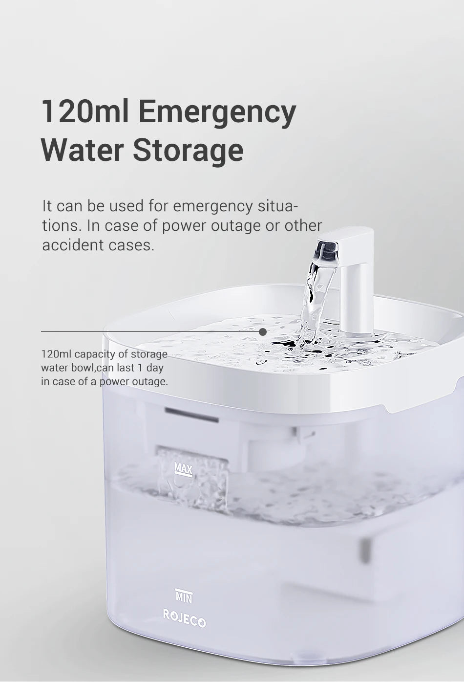 Smart Cat Water Fountain Automatic Filter Pet Dispenser Emergency water storage container with text on a light gray background