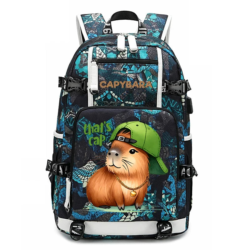 Capybara Backpack – Large Capacity Lightweight School Bag A backpack featuring a capybara illustration wearing a green cap with the text 'that's cap' on the front pocket, set against a blue and black patterned background. The backpack has white piping and black straps, with the brand name 'CAPYBARA' printed on the upper front.