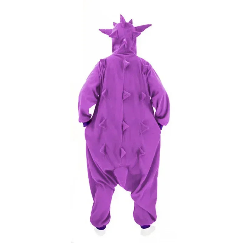 Pokemon Kigurumi Onesie – Snorlax, Gengar Anime Costumes Purple onesie with a dragon design on a white background