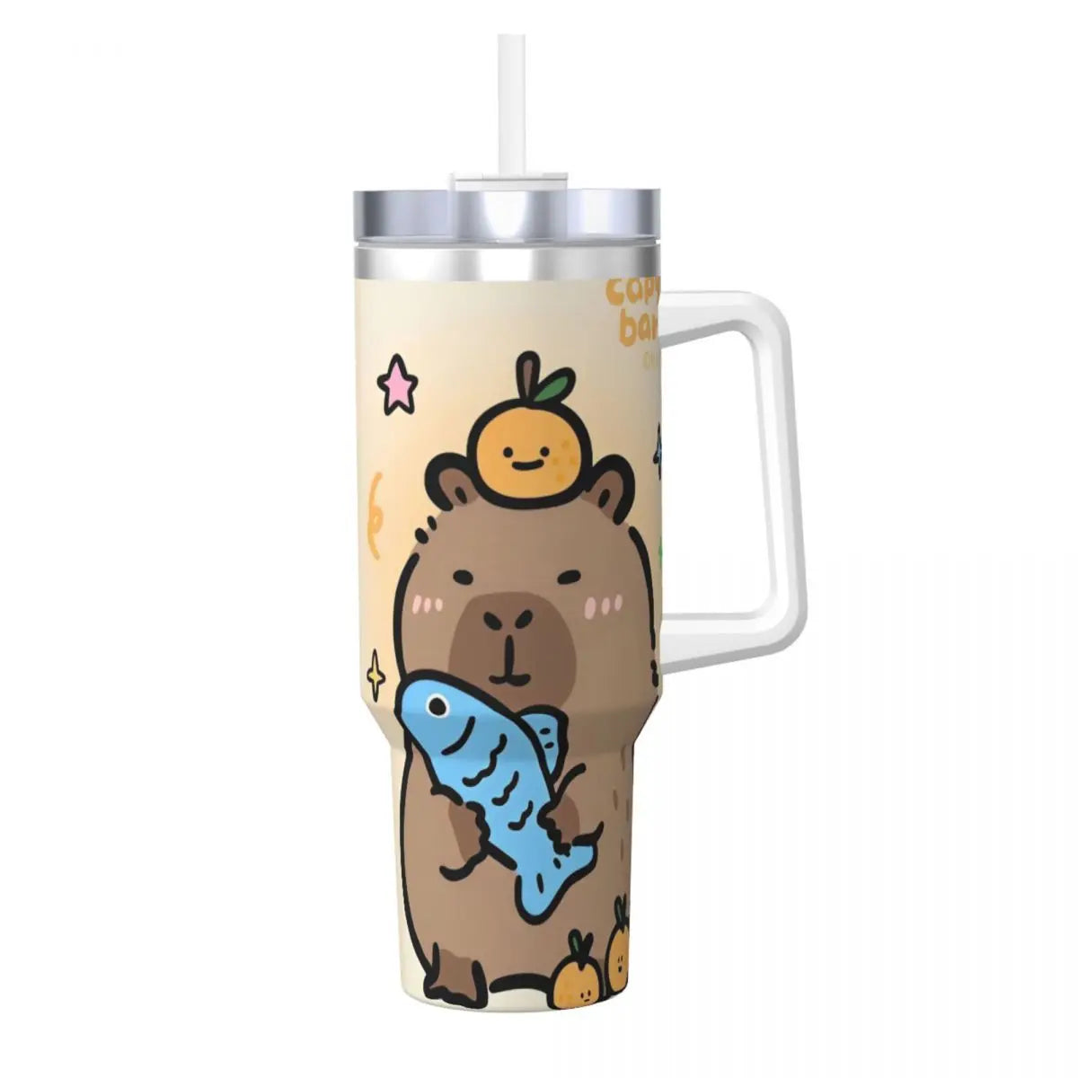 Capybara Insulated Tumbler – Stainless Steel Hot & Cold Drink Cup A handleless travel tumbler with a built-in straw and a white handle, featuring a cute cartoon capybara holding a blue fish on a cream-colored body with a silver lid.