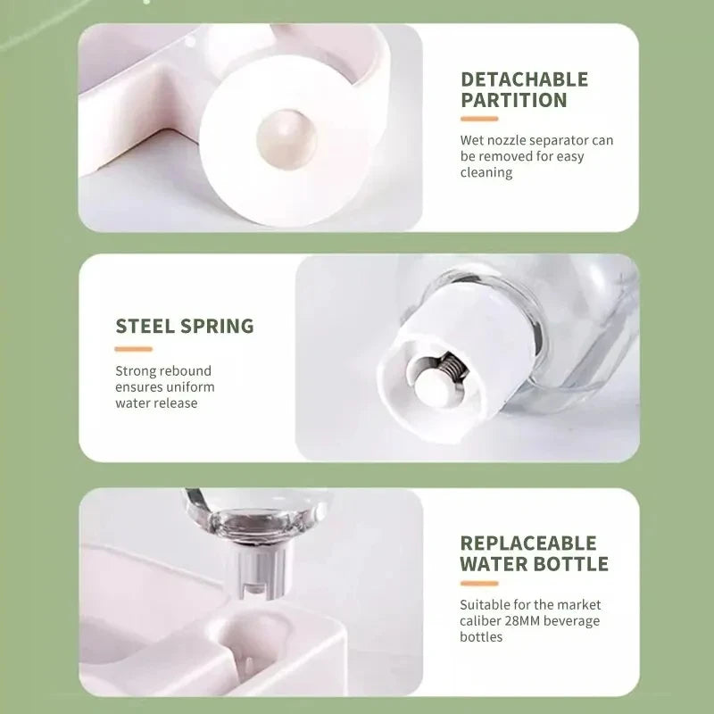 2 in1 Automatic Pet Water Dispenser & Food Bowl for Cats & Dogs Product features with detachable partition, steel spring, and replaceable water bottle on a green background.