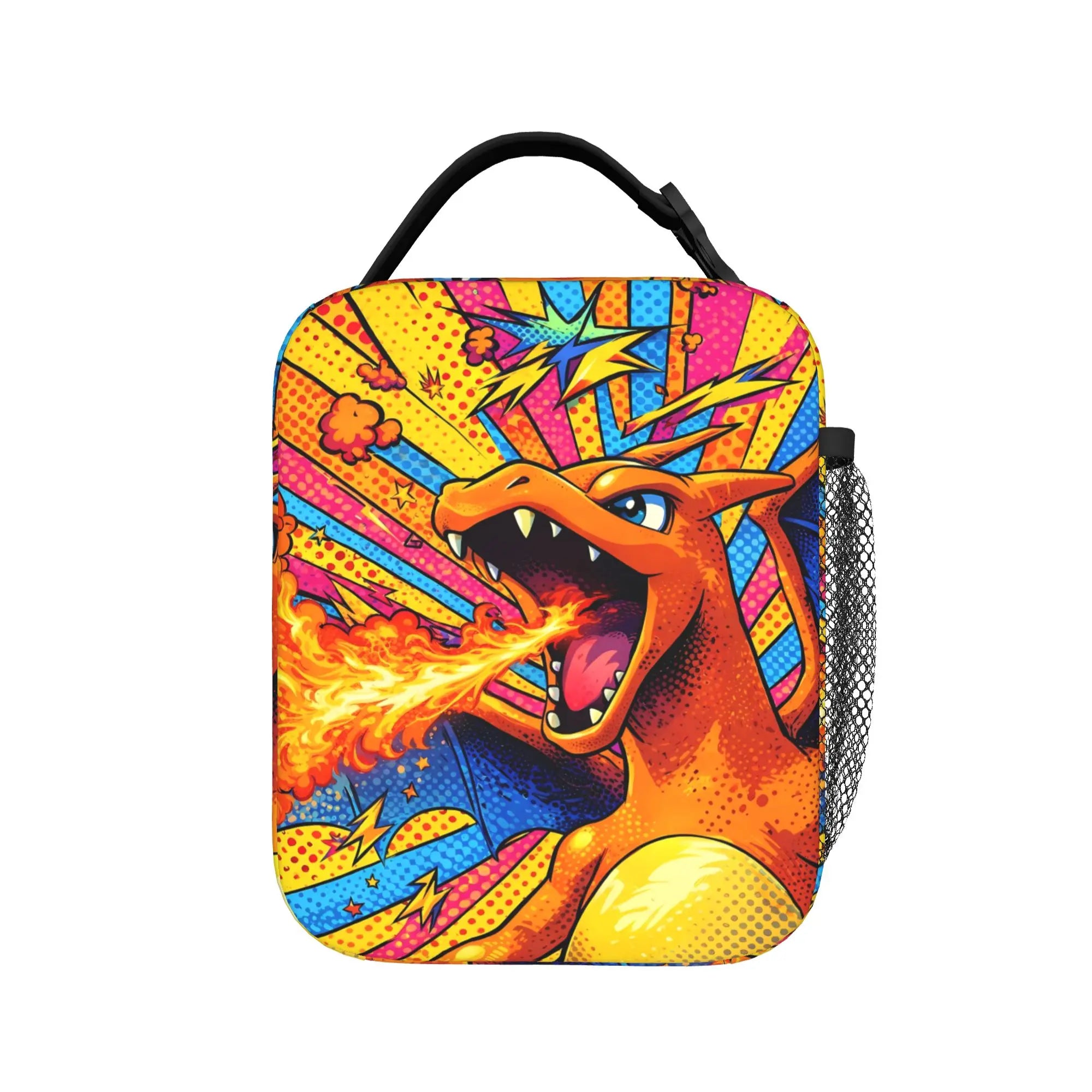 Pokemon Charizard Fire Burst Lunch Bag – Waterproof Insulated Tote A square insulated lunch bag with a black handle, featuring a colorful comic-style print of Charizard breathing fire. The design includes bright yellow, orange, pink, blue, and black tones, with a black mesh side pocket.