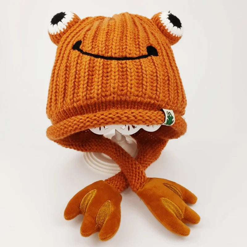 Parent-Child Cute Frog Knitted Hat – Warm Winter Cartoon Fisherman Cap Orange knitted hat with animal face design on a white background
