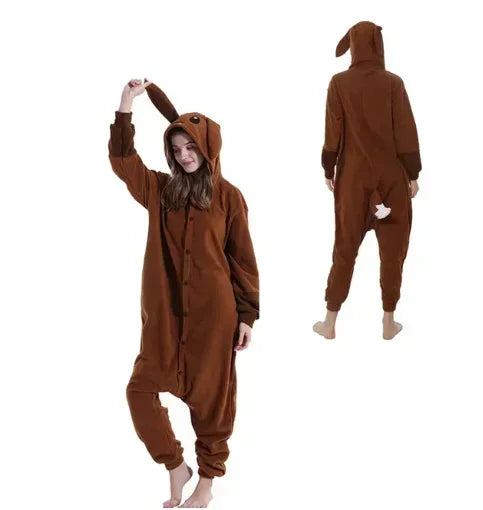 Pokemon Kigurumi Onesie – Snorlax, Gengar Anime Costumes Brown dog onesie worn by a person on a white background