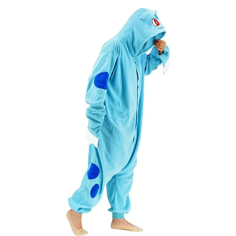 Pokemon Kigurumi Onesie – Snorlax, Gengar Anime Costumes Person wearing a blue cartoon character onesie on a white background