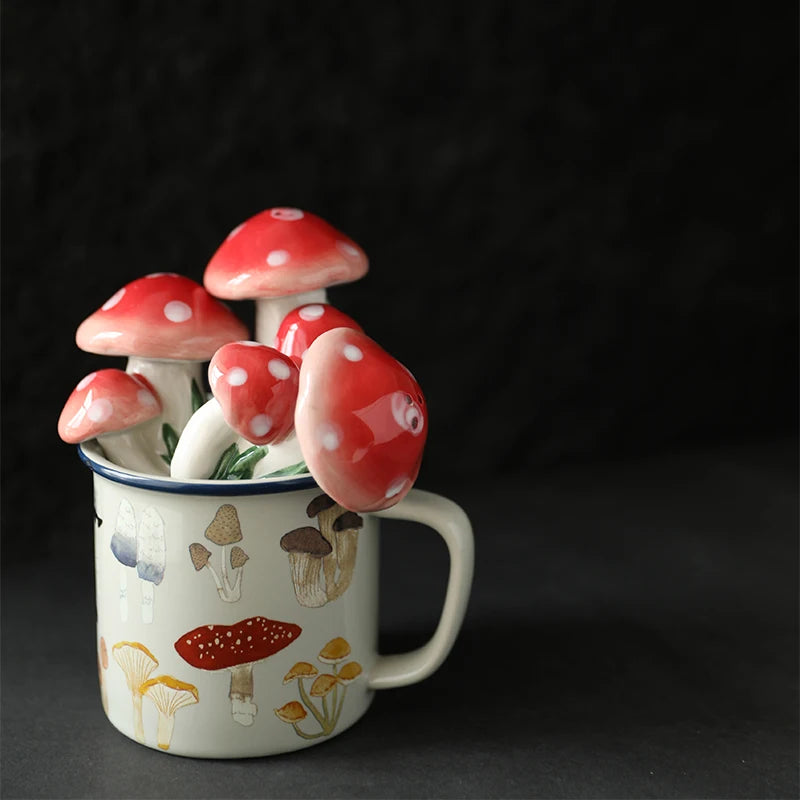 Mushroom Ceramic Coffee Cup – Japanese Cartoon Style Ceramic mug with red mushroom decorations on a dark background