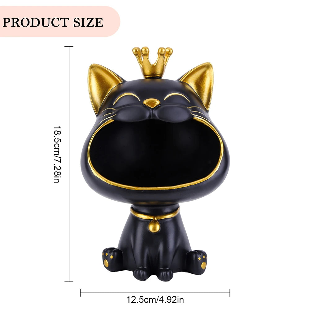Lucky Cat Figurine with Storage Box – Resin Laughing Cat Home Decor Black cat figurine with gold crown and accents, shown with measurements on a white background.