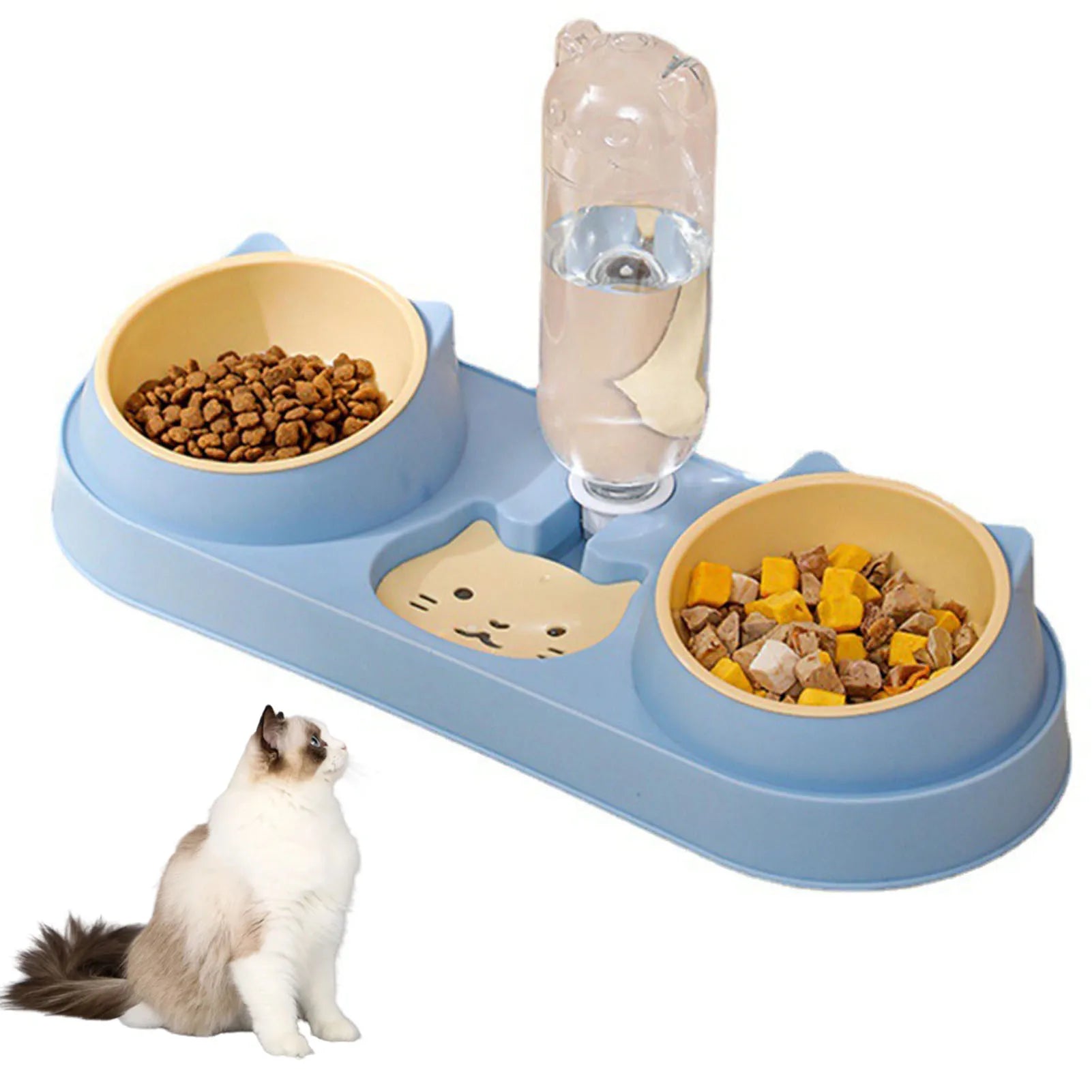 Automatic Pet Feeder Double Bowl with Water Fountain Pet feeding station with two bowls of food and a water bottle, accompanied by a cat.