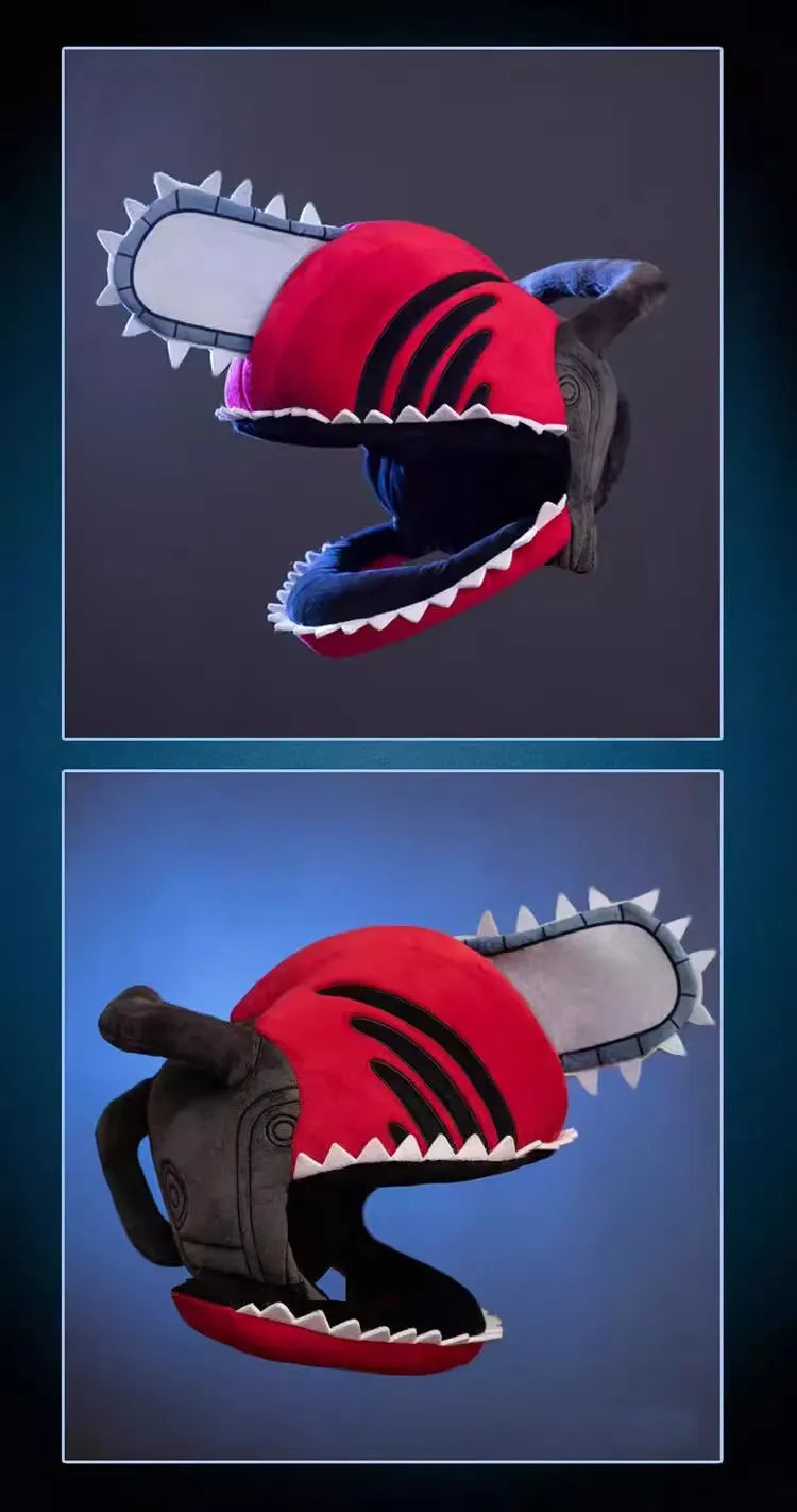 Chainsaw Man Plush Hat Anime Cosplay Headwear A plush toy Chainsaw Head from the movie Toy Story 3, shown in two views against a dark blue gradient background. The top view shows the toy from the front, revealing a red body, black stripes, a gray chainsaw arm, and a white blade.