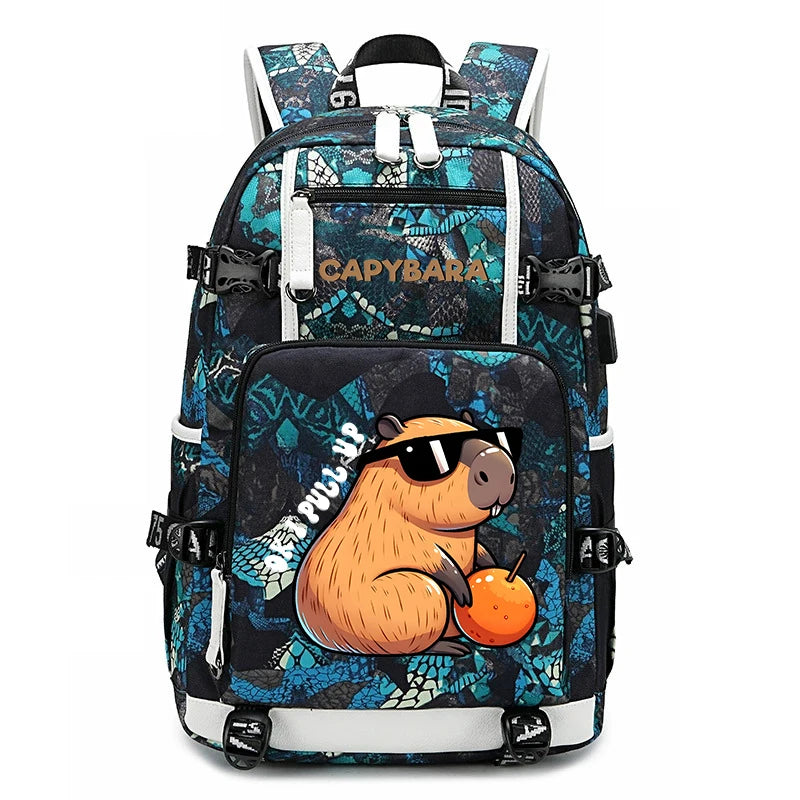 Capybara Backpack – Large Capacity Lightweight School Bag A backpack with a blue and black patterned design, featuring a cartoon capybara holding an orange on the front pocket. The brand name 'CAPYBARA' is printed in gold on the upper front.